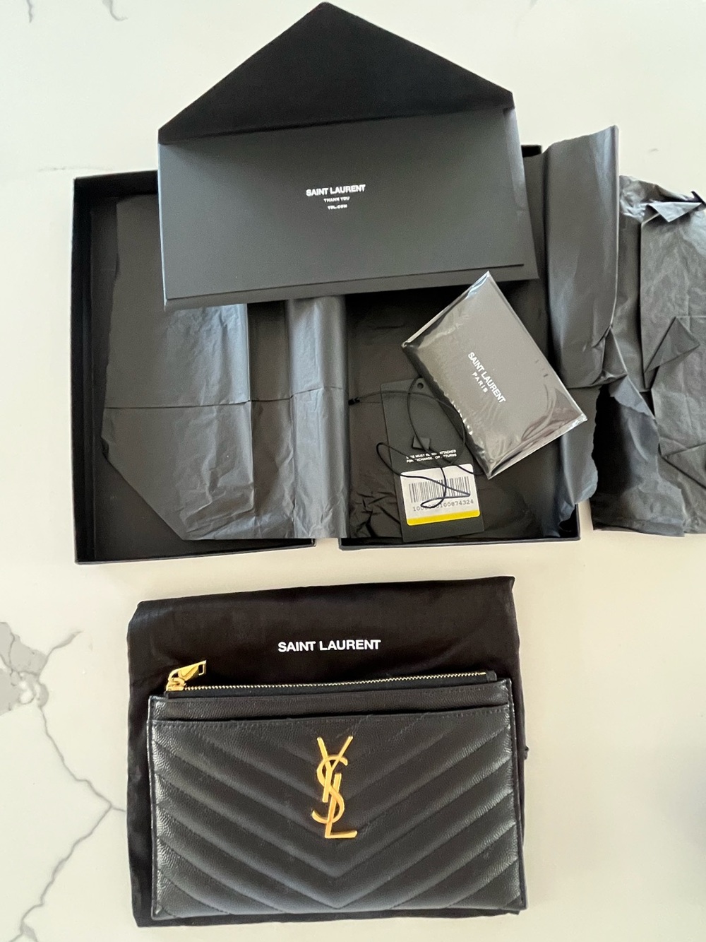 Saint Laurent YSL Cassandre Bill Pouch Wallet Black Grain De Poudre w/ Gold HW